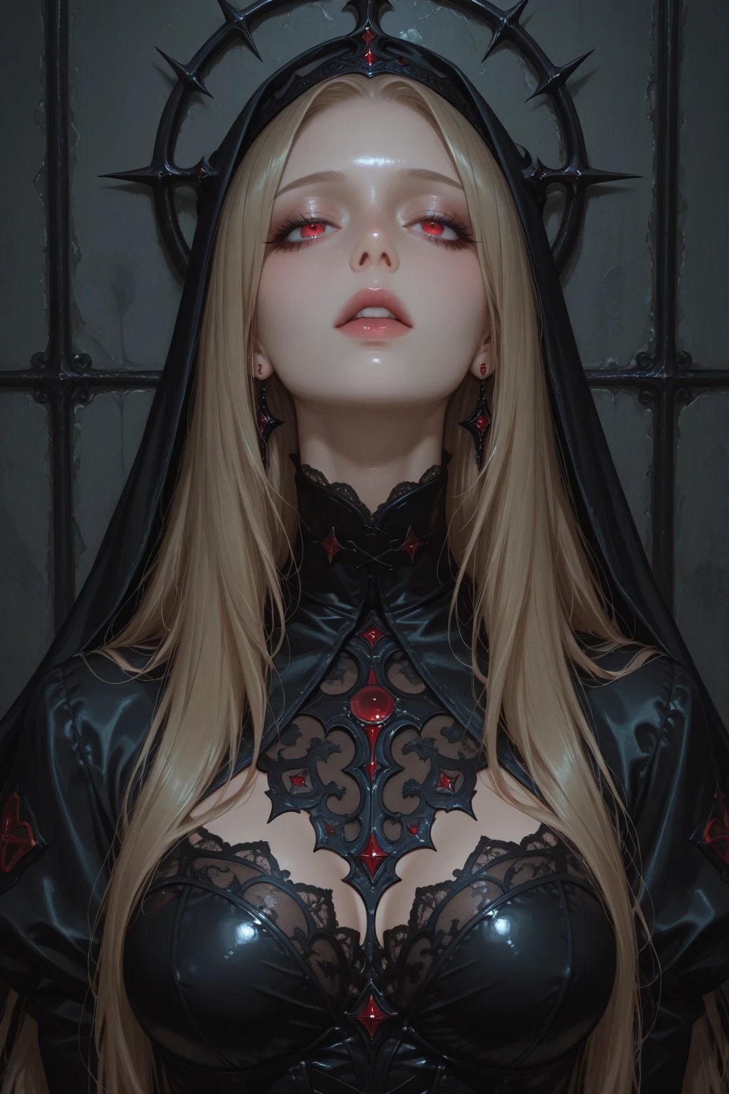 Arafed, dark fantasy art, glamour shot, award winning shot, photorealistic, a portrait of a female vampire drinking a ((glass of blood)), blond hair, dynamic hair style , long hair, red lips, (glowing eyes: 1.5), dynamic eye color, dynamic color, she wears, an elegant (black dress: 1.5), catholic church and altar background, bar background, 16k, ultra detailed, masterpiece, best quality, (extremely detailed), rpg portrait, art by mooncryptowow, photograph, oil pastel, vampire teeth