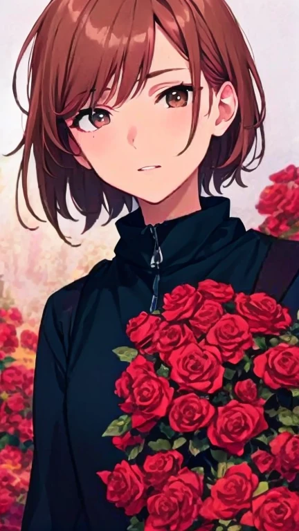 <lora:nobara:1> kugisaki nobara, parted lips, blood on face, looking at viewer, school uniform, rose, short hair, red flower, red eyes, red rose, 1girl, blood, flower, brown hair, solo, bleeding, flower over eye, one eye covered