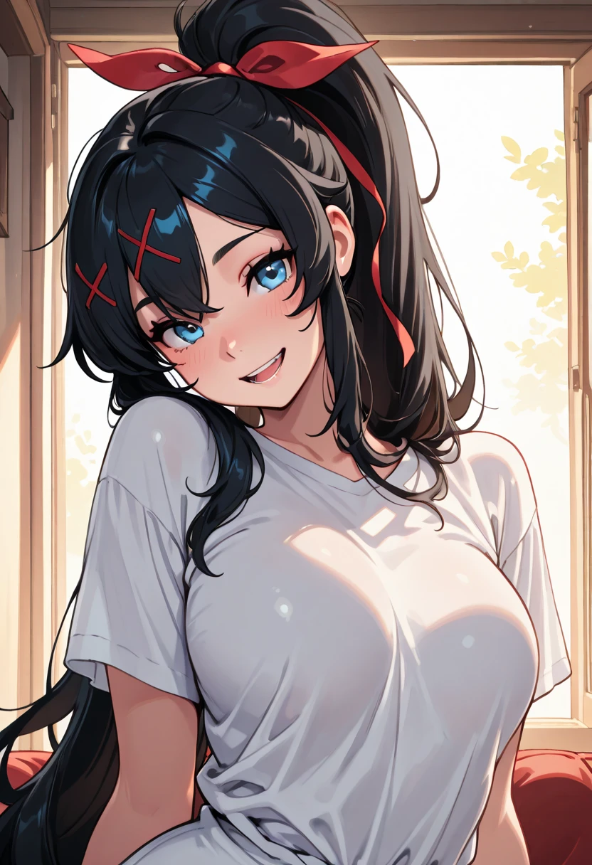 ((Tabletop, Highest quality, High resolution, Hmph, Pixel perfect, 4K, Hmph, Hmph))), One Girl, single, alone, Beauty、 ((ponytail, bangs, Black Hair)), ((Blue eyes, Beautiful eyelashes, Realistic eyes)), ((Detailed face, blush:1.2)), ((Smooth texture:0.75, Realistic texture:0.65, Realistic:1.1, Anime CG style)), Big Breasts, Perfect body, ((Red trainer、Shorts)),