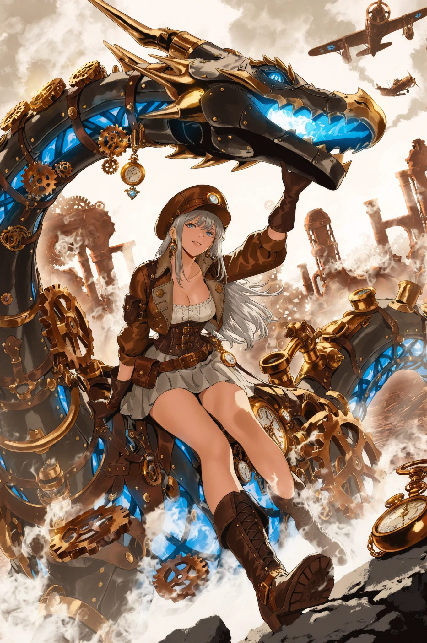 riding on a steampunk Dragon,long hair,slightly random hairstyle,Hair color is silver,A color reminiscent of metal,girl,decorated with metal parts,lens part is amber,Gears and small pipes,cropped cap,leather corset、Best、short jacket,The shirt is a puff sleeve,belt、Pouch、lots of small items such as chains,The skirt has an asymmetrical design and lace、accents,with a small light on the tip,gear earrings,pocket watch pendant,leather gloves and boots,The background is a huge cog with steam rising and a huge mechanical ruins,color palette is gray,silver,iron,brass} Metallic colors such as dark gray,white of steam and smoke,steampunk style planes,mechanical Dragons,small animals that move with steam(small animals that move with steam)Feet,grab the cog Is an illustration of a steampunk girl riding on a steampunk Dragon,blue eyes full of curiosity, Very Detailed Line Drawing, full body,James Jean Soft Light 4k, James Jean Softlight 4k, A fantastic anime that feels like a dream, lo-fi anime vibes, Reusch art style, Moebius artwork, Moebius Art, Jean Giraud(Moebius)flashback perspective, Inspired by Mattias Adolfsson, スタイルのJean Giraud・Moebius , ジブリ Moebius, comic book artist Moebius,Playful and vibrant atmosphere, Flat, white illustration style, High Contrast Color, digital art,dutch angle, Cleavage,dynamic pose
