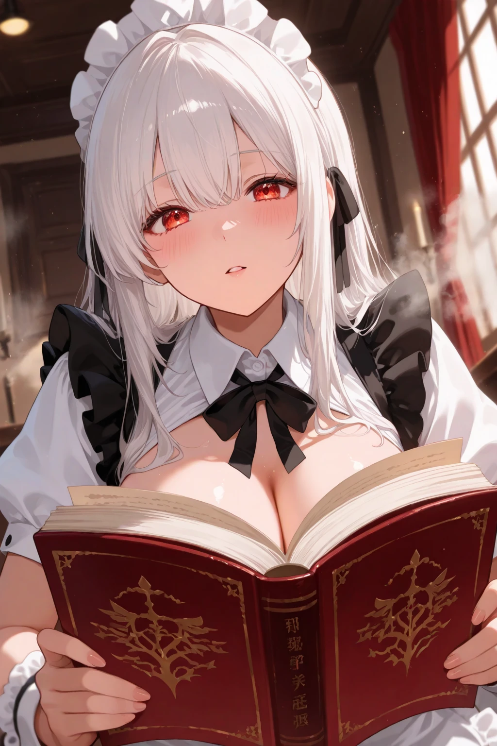 High resolution, (The finest details)、 (Highest quality), Anatomically correct、Detailed hands、Old Archives、(A girl engrossed in reading erotic novels)、Maid clothes、Sigh、Heart-shaped pupils shine、