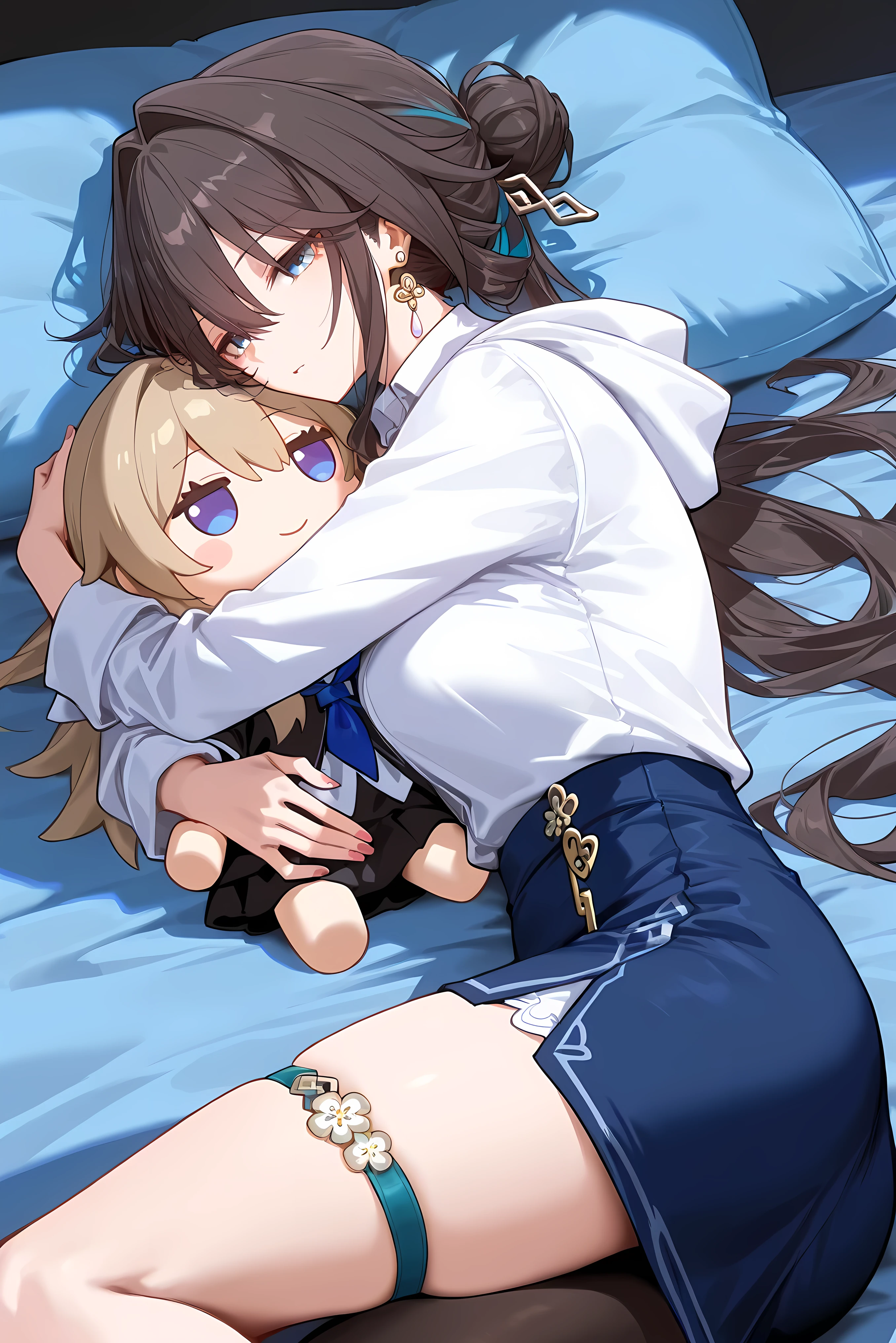 score_9, score_8_up, score_7_up, masterpiece, best quality, very aesthetic, absurdres, tunning image, attractive image, 1girl, adult grown woman, solo, ruan mei (honkai: star rail), long brown hair, hair between eyes, hair ornament, hair intakes, hair bun, long hair, blue eyes, masterpiece,best quality,amazing quality, ero404, 5 fingers, nail, alternate outfit, single earring, key earring, blue color tie, white hoodie, Hoodie, Open clothes, White shirt from the front, Collared shirt, Layering clothes, tie, Short skirt, blue Skirt, thigh strap, single leg pantyhose, lying down, hug, hug a doll, doll, BREAK, (herta (honkai: star rai) doll), midnight, night time, night light