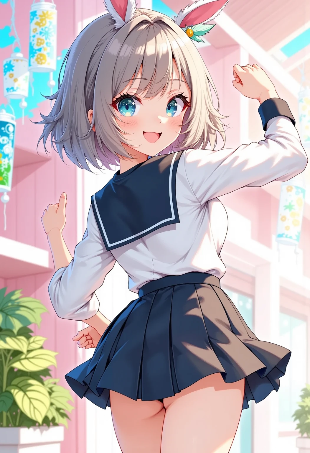 Short white hair, blue eyes, eyepatch, adorable smile, cute smile, skirt, sweater, gray sweater, big butt, big ass, wide hips, big thighs, thigh highs, looking back at viewer, side view, lusty smile, shy, blush, blushing, open mouth, tongue, sticking out tongue, drool, short skirt, jack-o pose, 