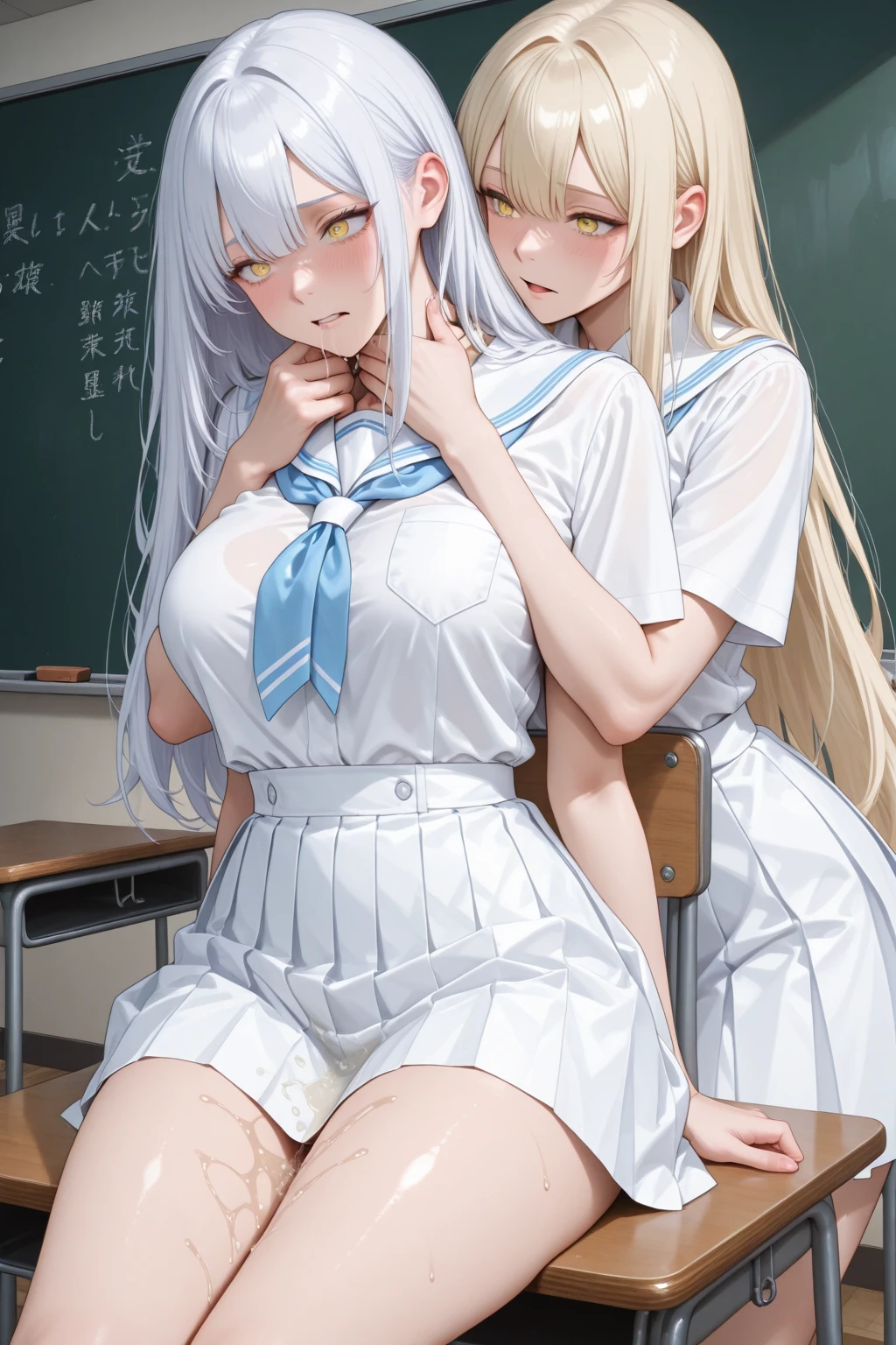 highest quality,masterpiece,((2 girls:1.5)),((smile:1.3)),(blush:1.3),((fun!!)),((Small breasts:1.5)),(night:1.5),Blonde, (Cardigan), ((naked:1.5)),Kamimei,look at me,((classroom)), Taking a break from watching the audience,Cowboy Shot,Light blue eyes,long hair,Glowing Eyes