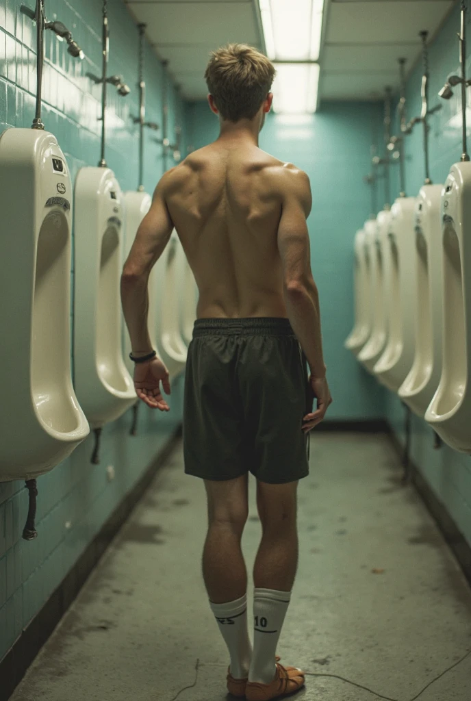 A photo of the floor of a bathroom under a partially open door. Two guys, one in front of the other, one with his shorts lowered by the feet, completely and the other on his knees as of he prays , you can't see his hands, they are inside the bathroom. The man with the pants down wears green sneakers and white socks with two black stripes. The other one also wears white sneakers and white socks. The bathroom has a white tiled floor. The image is seen from the front