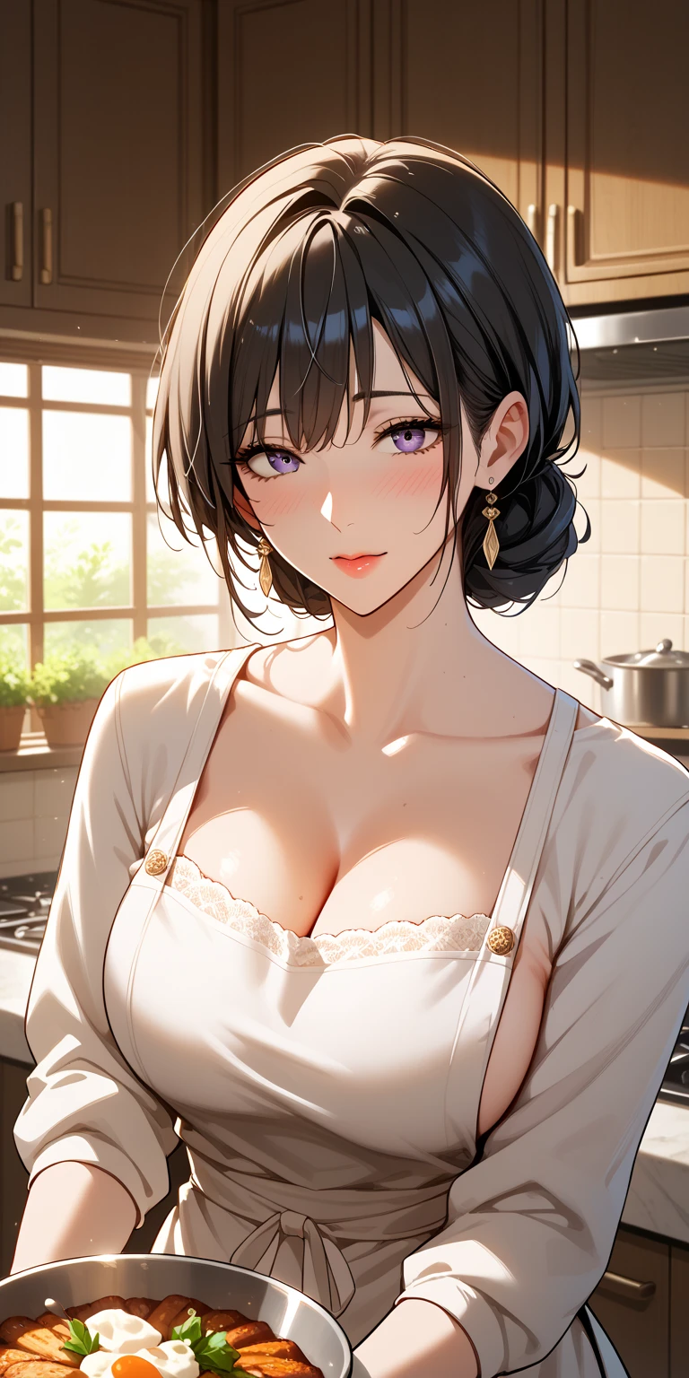 Female 26 years old,housewife,Sunlight,Smile,put on lipstick,light brown short curly hair,Tie a ponytail on the left side,Slightly plump,half moon earrings,Close-up photo of face,Home apron,Huge Breasts,There is a mole at the corner of the mouth,Gold necklace,Round neck white top