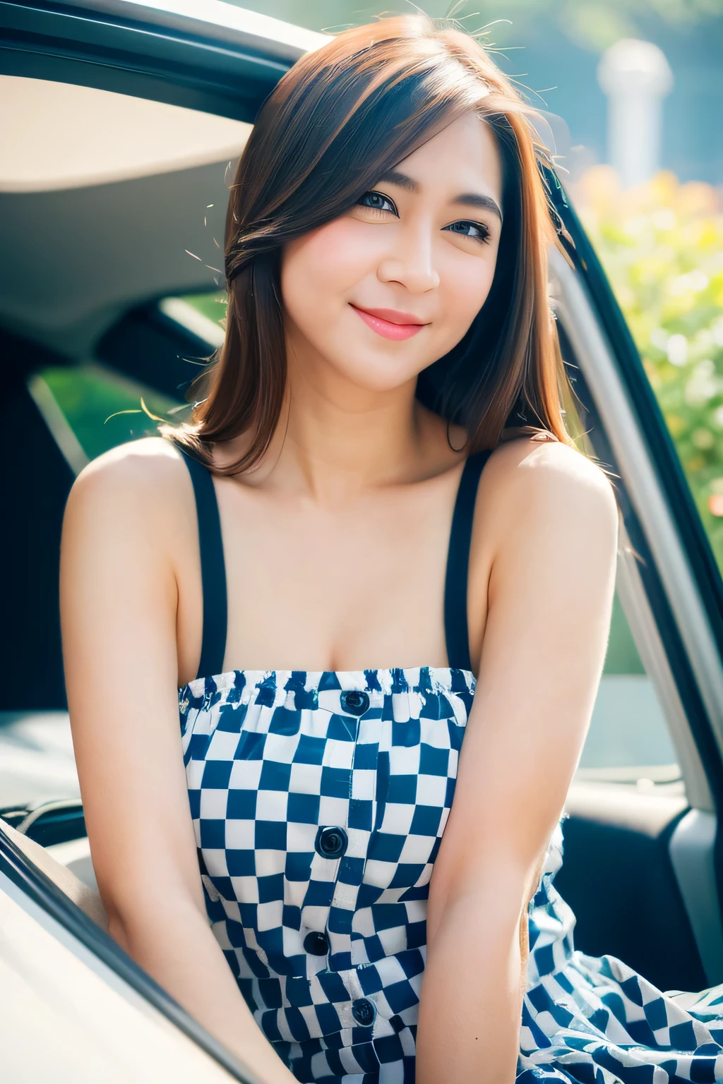 the Extremely Detailed CG Unity 8K Wallpapers, best quality, Ultra-detailed, masutepiece, Reality, photos realistic, extremely detailed cute girl, 25 years old, 
(Wearing a grid girl costume with sponsor's logo printed on it:1.3), (Mini skirt ) , (Sitting in a motorsport race), (photorealistic:1,4)、(side view)、(looking at the viewer)、(sitting on the hood of a car)、 (cleavage), (leg spreads:1.3) , (Showing white panties:1.4) , blush , Half body shot , shortcut