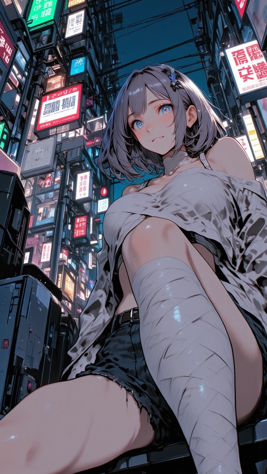 mummy-girl\(mummy,Full Body White Bandage, All Face Bandaged,My hair\(白いMy hair,bob cut,detail,shiny,is fine\),sitting on the ground,Big breasts,Watch Viewers/Beautiful sparkling eyes///.Background\(at alley,Harajuku\( Tokyo ,Japan\),At night, dark\).Quality\(8k,wallpaper of extremely detail CG unit, high resolution, top-Quality, top-Quality real texture skin, Hyperrealistic, Increase Resolution, RAW pictures, best Quality, highly detail, Wallpaper,The golden ratio,Highly Saturated Realism, bright color, dramatic lighting,  compelling stories , Atmospheric Scenery, Fascinating Visuals, exquisite details surrounding the Earth, Strong emotions,dreamy world with a kind personality\).landscape.vivid color