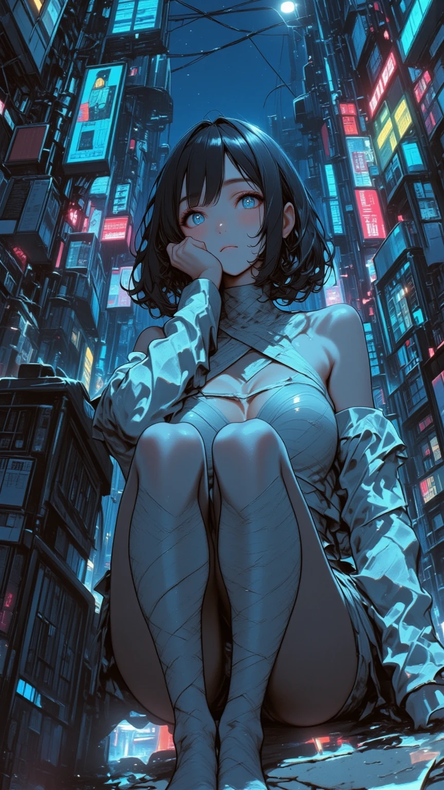 mummy-girl\(mummy,Full Body White Bandage, All Face Bandaged,My hair\(白いMy hair,bob cut,detail,shiny,is fine\),sitting on the ground,Big breasts,Watch Viewers/Beautiful sparkling eyes///.Background\(at alley,Harajuku\( Tokyo ,Japan\),At night, dark\).Quality\(8k,wallpaper of extremely detail CG unit, high resolution, top-Quality, top-Quality real texture skin, Hyperrealistic, Increase Resolution, RAW pictures, best Quality, highly detail, Wallpaper,The golden ratio,Highly Saturated Realism, bright color, dramatic lighting, compelling stories , Atmospheric Scenery, Fascinating Visuals, exquisite details surrounding the Earth, Strong emotions,dreamy world with a kind personality\).landscape.vivid color