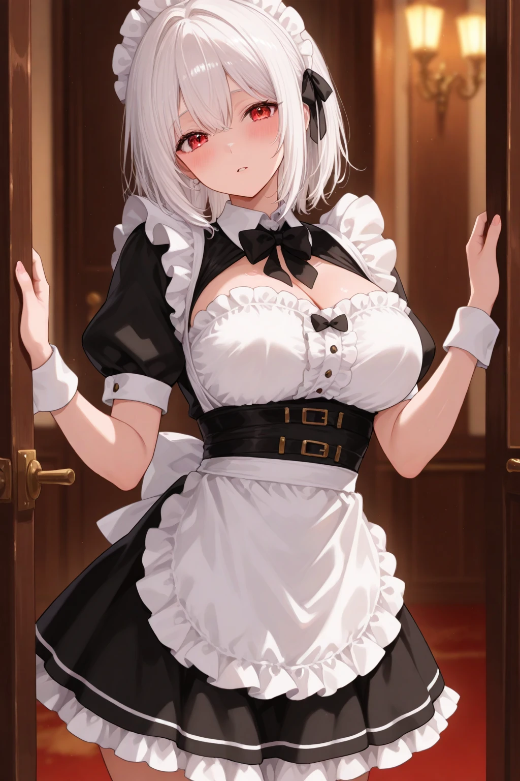 highest quality、masterpiece、((1 girl))、((smile))、(blush:1.5)、black shirt、blouse、((fun!!))、(small breasts)、(Cat ear:1.3)、(silver hair)、()、((white apron:1.5))、((maid))、((hair ornaments)),、Kamimei、look at me、 ((in house:1.5))、 Take a break to watch the audience、cowboy shot、(skirt lift:1.3),(highly detailed white panties:1.3)、(highly detailed panties:1.3)、、(スカート that rolls up:1.3)、(fully exposed panties:1.5)、light blue eyes、long hair