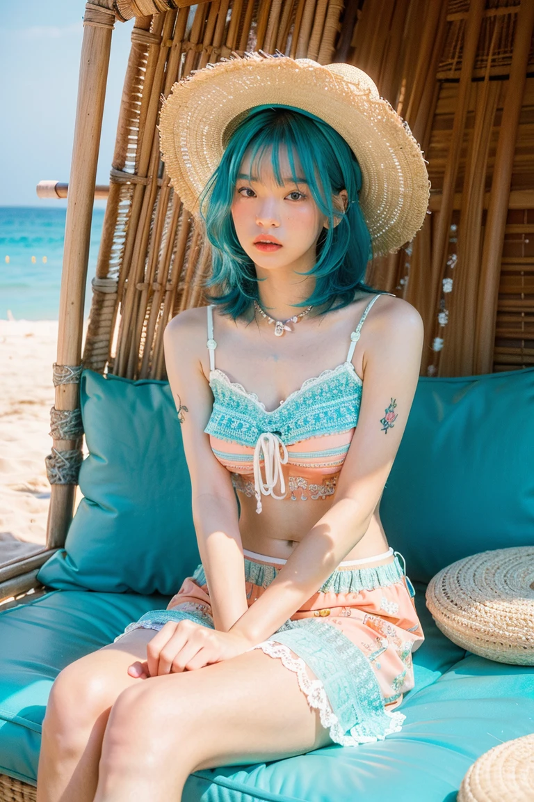 (blue hair:1.4), short hair, realistic green eyes, cobalt hair,  long bob hair, tousled hair, shoulder length hair, Full body, woman with white skin and Asian features, 24 year old, big breast. She has a small, elegant nose with a slight upward curve at the tip. Her lips are full and naturally pink, with a well-defined Cupid's bow. Her teeth are straight and white, enhancing her captivating smile. Her face has an oval shape with high cheekbones that add to her model-like appearance. (crack), detailed (texture!, shine, color!!, flaws: 1.1), highly detailed glowing eyes, (looking at camera), specular light, dslr, extreme quality, crystal clear, cute face, detailed skin pores, oil Dark skin, brown, complex eye details, she is far from the camera, A full-body portrait, captured from a distance. Dynamic Frame, 8K, Hyper realistic, expressions faciales sexy, seductive facial expressions, (Ventre plat parfait), slightly revealing, sexy castaway outfit, torn and strategically ripped clothing, off-the-shoulder top or crop top, tattered shorts or a skirt, barefoot or with worn-out sandals, beachy accessories. II. Location: Deserted island, tropical paradise, secluded beach, sun-kissed atmosphere, crystal-clear turquoise waters, palm trees swaying in the breeze, the sound of crashing waves. III. Decoration: Natural, rustic setting, sandy beach with scattered seashells, makeshift shelter with driftwood, hammock swaying between palm trees, bonfire pit, flickering torches, starry night sky, the scent of salty air and coconut, BREAK, looking at viewer, masterpiece, best quality, Perfect female body, (ultra-detailliert), (masuter piece), (short hair:1.3)