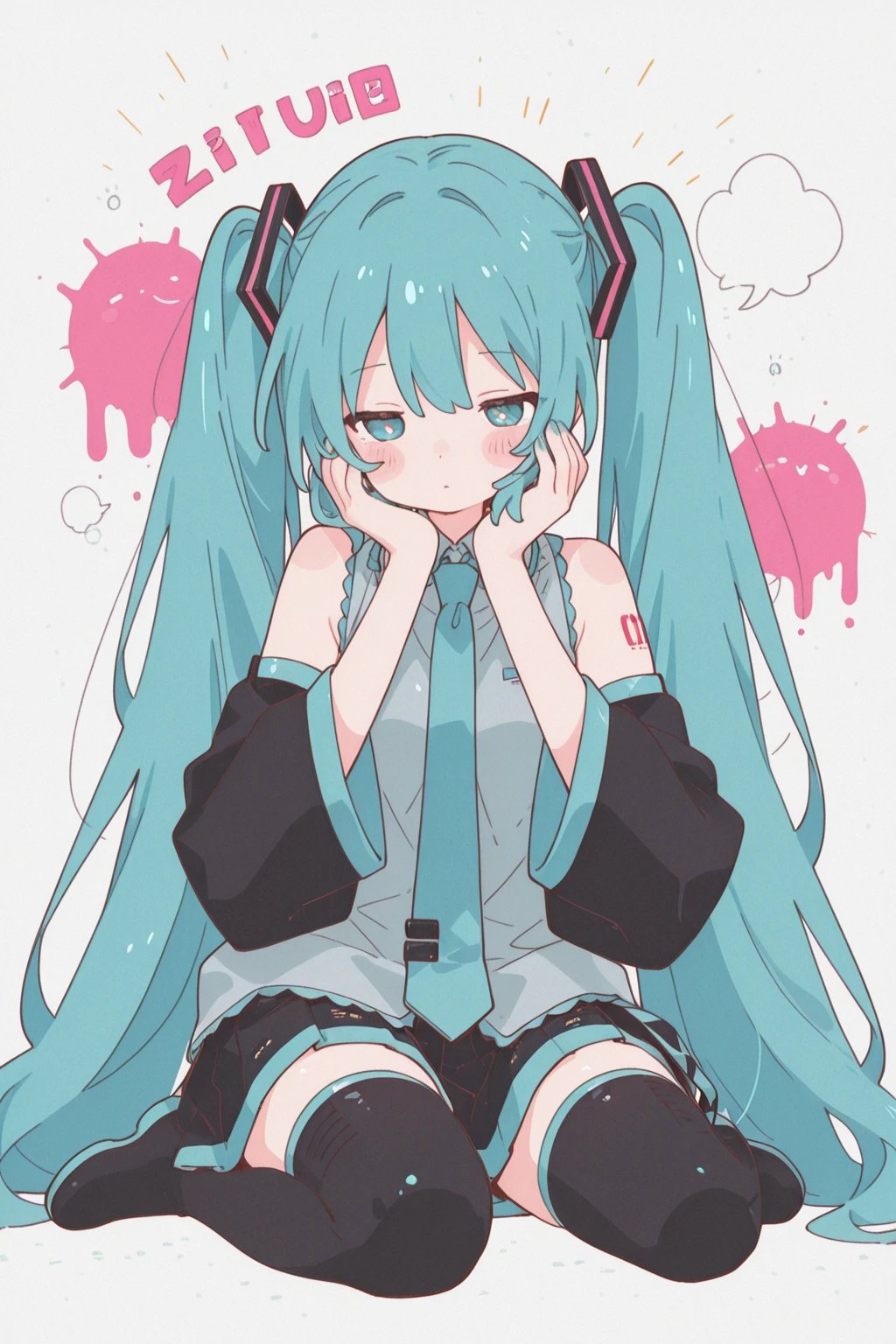 Hatsune Miku, eyebags, black eye patch, black tee shirt, blue plaid skirt, black shoes, sad, simple sketch