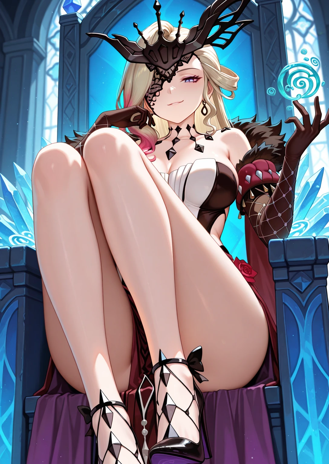 masterpiece, best quality, IncrsAhriKDA, fox tail, multiple tails, thighhighs, high heels, cleavage, <lora:AhriKDA:1>, crossed legs, sitting, from below, smug, evil smile,