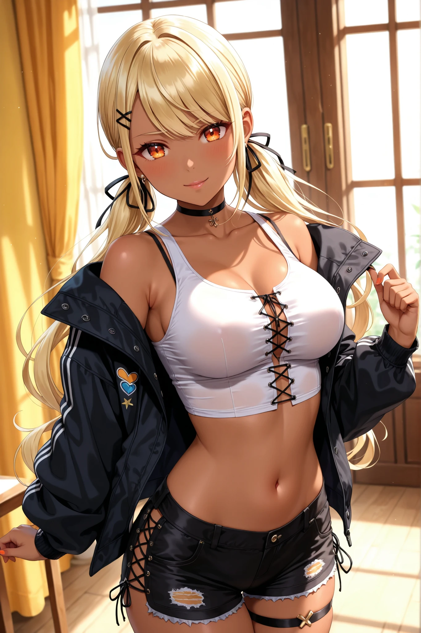 solo,masterpiece,best quality, masterpiece, Super detailed,High resolution,Extremely detailed CG,QpiCos1 dark skinned female, orange eyes, blonde hair, long hair, low twintail, hair ribbon, hairclip, choker, white shirt, midriff, black shorts, thigh strap,medium ,white tank top, cross-laced clothes、cleavagbreasts,(masterdetailed:1.2),