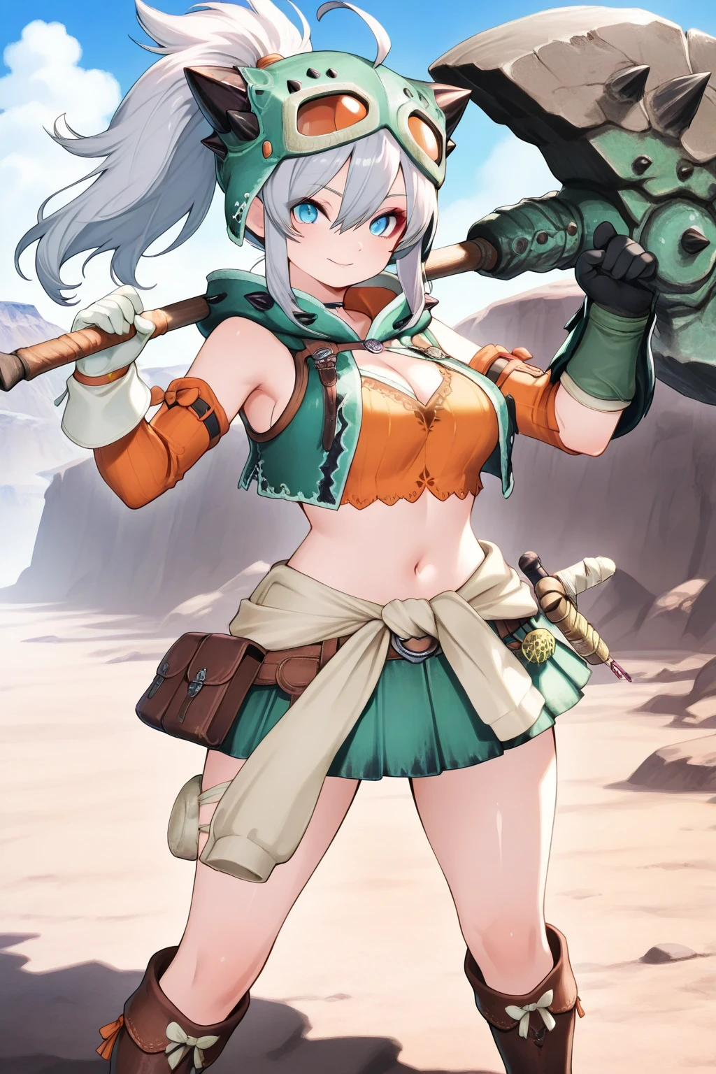 1 skinny girl, solo, light blue hair, (red and purple heterochromia), (red left eye and dark purple right eye:1.4), bending back, looking at viewer, BREAK, black plunging neckline short dress, dark yellow cropped jacket, black thighhighs, BREAK, (bouncing unaligned huge breasts:1.5), cleavage, very short torso, (inconceivably narrow waist), thin long legs, BREAK, holding a spear, BREAK, {nsfw:0.6}, (show off crotch:1.4), desert, desert storm, strong wind, rocks at background