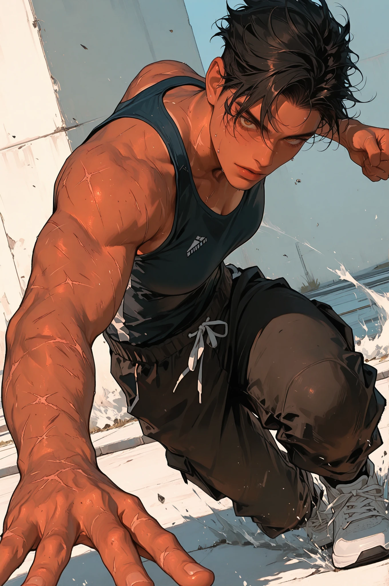 shirtless handsome manly short black hair caucasian male in tattered short jeans and sneakers, shirtless, sweating profusely, drenched with sweat, exhausted, panting, walking