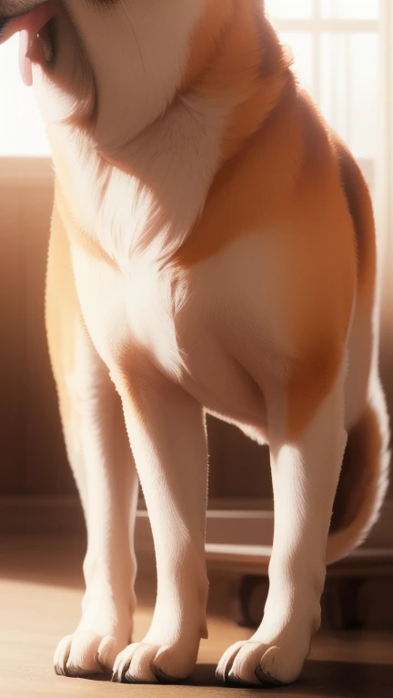 Dog Feral, perfect lighting, realistic body postures, fully body, full tail, realistic tail, detailed fur, perfect shadows, 1girl, solo, looking away from viewer, detailed face, ((realistic proportions, feral proportions, animal proportions)), relaxed, (anatomically correct canine pussy), butt towards viewer, rear view