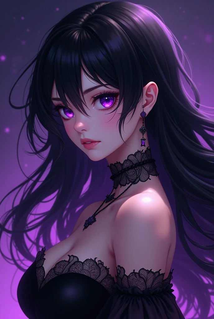 hair above one eye, red eyes, clear eyes, choker, open jacket, towards the wall,shineing grafiti, shineing tattoos, shine, neon light, Black light,anime style, movieポートレート写真, 1 female, 22 years ago, Full body Esbian,Blue eyes background, big and full breasts, anger, (scarlet colored hair), long hair, purple eyes, wearing a short black dress, (natural skin texture vivid details, surreal, (realistic detailed eyes, natural skin texture, realistic facial details), soft and dramatic lighting, Depth of written boundary, Bokeh, vivid details, surreal, 35mm movie, hazy blur, movie,lipstick, ear piercing, eye shadow, hoop earrings, Red-pink lips, 多色のred eyes, purple theme,Wear an iridescent aura,beautiful eyes,stand in front of the red gate、bold pose、decide on a pose,upper ponytail,Hanging bangs