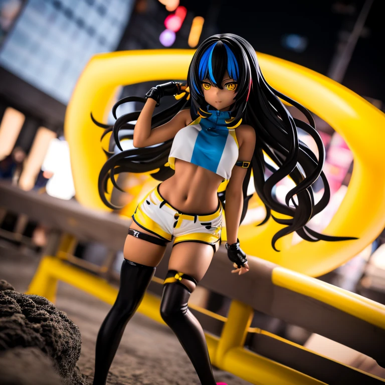 (cabello despeinado), (illustration), retrato, (fondo de ciudad futurista), (arms behind back), Cintura delgada, gran sonrisa, abdominales fuertes, chica delgada, strong abs, muscle girl, front pose, big thighs, focus on face, flat chested, large city background, blue hair, red eyes, skirt, sit on rock, detailed vagina, nude, heavy armor suit