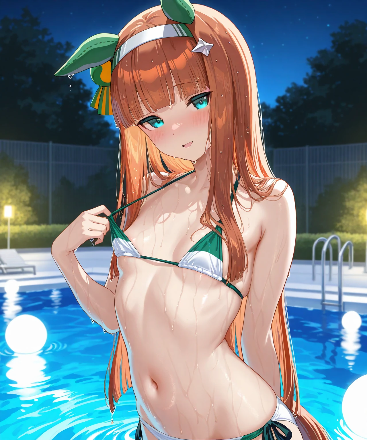 pieces fly、masterpiece、highest quality、Super detailed、High resolution、High resolution、8K portrait、High resolution CG of Unity 8k wallpaper、unity 8k wallpaper、cute:1.5、slender body:1.5、Highly detailed CG unity 8k wallpaper、realistic、real person、cute、 portrait photography、shiny skin、slender body、High resolution、(Vermillion semi-long hair:1.2)、(16 years old:1.2)、(1 girl)、(school poolside:1.6)、perfect face, seriously, (blush:1.5),(midium breasts:0.8),(navy blue school swimsuit:1.2),(tits topless:1.3),((Orgasm in the vagina:1.5)),(star hair ornament:1.2),(looking at viewer: 1.2),(angle from the front:1.2),(hand on own chin: 1.2)