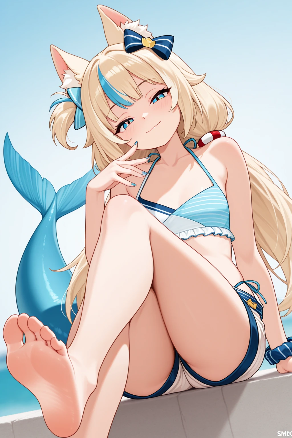 1girl, white hair, long hair, red eyes, cute face, cute, white clothing, revealing, big chest, bra, bikini, mermaid, tail, mermaid, water, smile, big eyes, soft, cute, red bikini