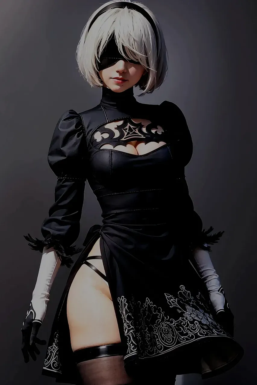nier:Beautiful cosplay of 2B from Automata、2B、A woman cosplaying as 2B、White skin、tall、Great style、Big Breasts、Small face、High nose、Sharp Eye、Beautiful Face、Beautiful face、30 years old、British women、Half British、nier:2B's black costume from Automata、Light background、Blur the background、Fantasyな都市を背景に、Cool anime poses、strong looking woman、Shooting from a diagonal angle、masterpiece、highest quality、high resolution、Cosplayer Photos、Professional Photos、Fantasy、Glaring at the camera、Cosplay makeup style、Real Cosplay Photo、Cool and beautiful photos、Portrait、Wrapped in a pale white glow、like、happiness、Kindness