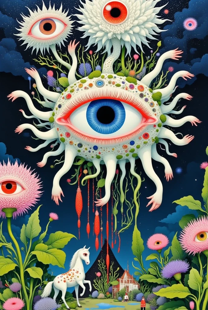 A cloud,、iris、fish、Tentacles、bird、Eye、diatom,Abstract mosaic painting,Describing the inner world of autistic people,Sense of space,White Space,interesting,Innocence,Psychedelic Art,Orange overall