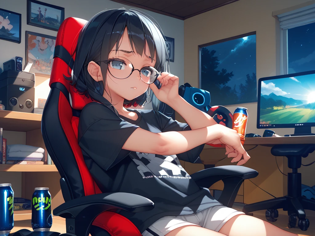 Anime Art、Full body portrait、Future SF Programmer、In a computer room with the lights off、A woman around 19 years old, about 160cm tall, wearing a T-shirt, jacket and shorts, sitting in a chair facing a desktop computer、Glasses、smug face、Hairstyle: Short hair、Black Hair、Dark Eyes、Eyes、Wearing a headset、Trainers and long socks