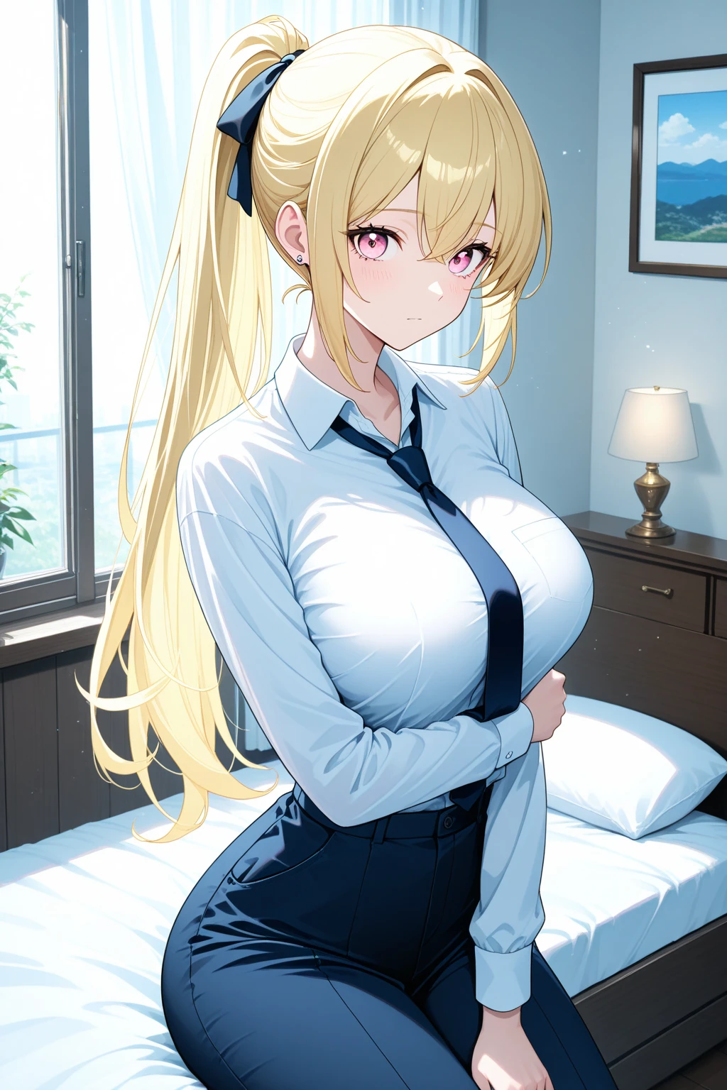 1solo girl, anime girl sitting on the bed, bedroom background, characters from Azur lane, Azur lane style, Kantai Collection, ecchi anime style, art of kirokaze, anime girls, big breast, blonde hair, white skin, slender body, yellow bikini with tiger stripes on it, barefoot, detailed faces, short blonde hair (face Android 18)