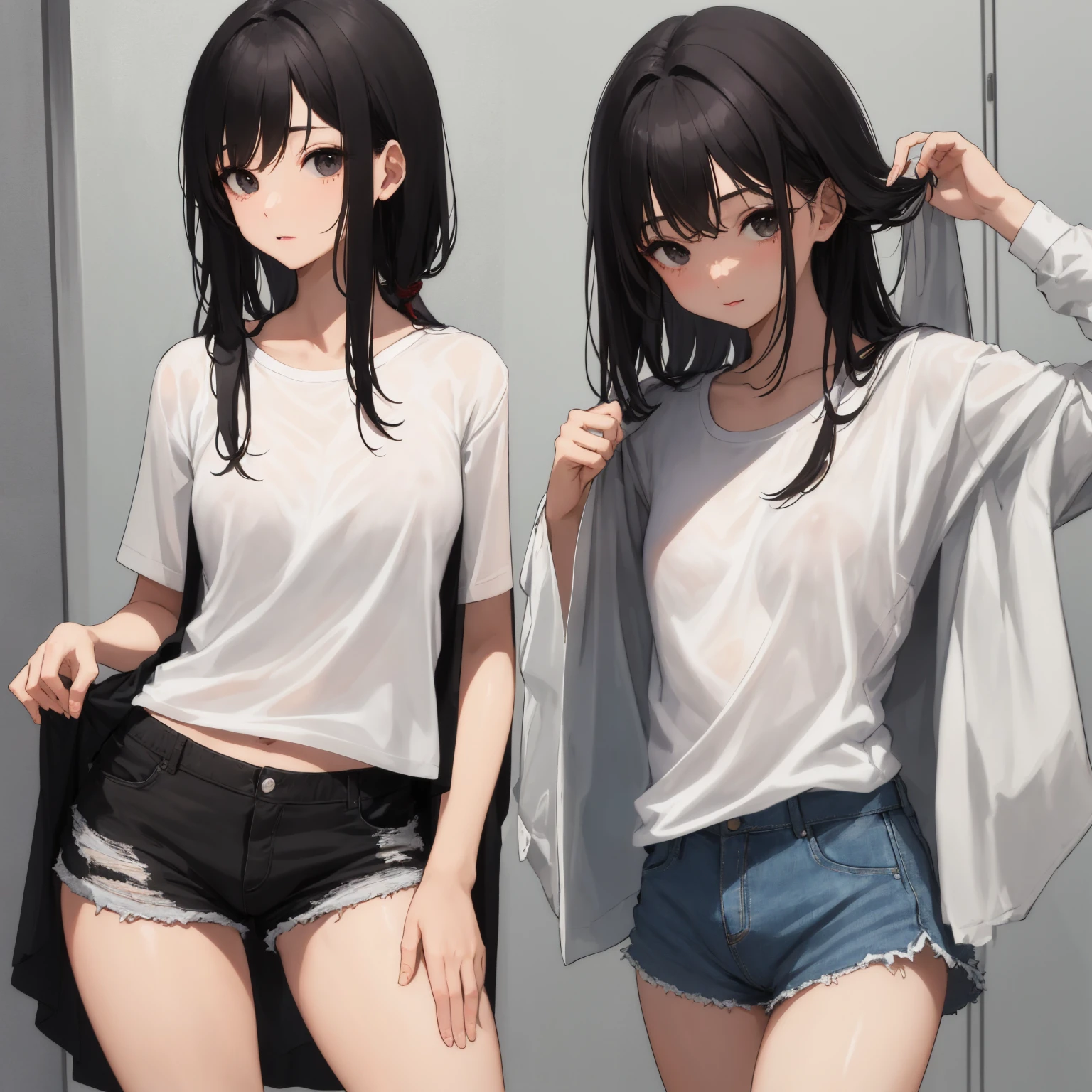 (((masterpiece, Highest quality:1.5,absurdres))),25 year old beauty,(dark blue hair),brown hair,((very small head:1.2)),long hair,bangs,dark blue eyes,gorgeous eyes,blush、medium breasts,((very long body:1.2)),((toned body,slender body)),skinny,(tan skin:1.2),gleaming skin,shiny skin,sweat,((Black leather jacket、navel),on street,Tokyo、