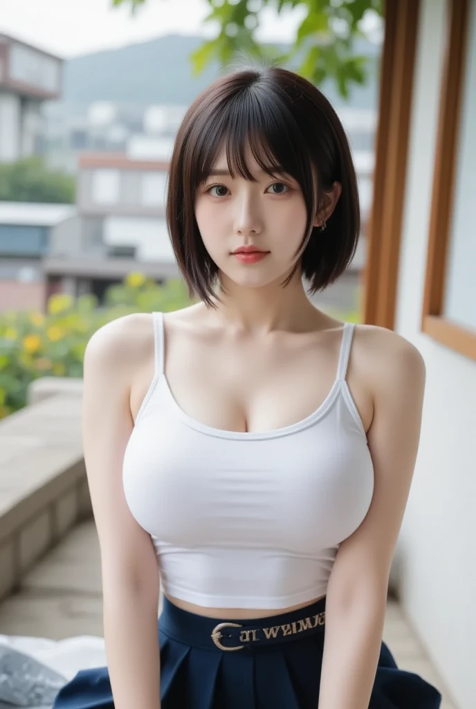 ((((masterpiece, best quality, high resolution)))), Extremely detailed 8K, Beautiful girl with voluptuous body, (Ultra HD, Ultra-detailed, Highly detailed, Highly realistic, Ultra-realistic, photograph realistic), (1girl:1.5), (Realistic white hair), short wavy hair, bob cut, (dynamic poses), facing at camera, light smile, purple eyes, average breasts, (beautiful detailed face, beautiful detailed eyes), (white tank top, thin material), cleavage, dark jean shorts, glow, sweat, (sunbeam, sunlight)