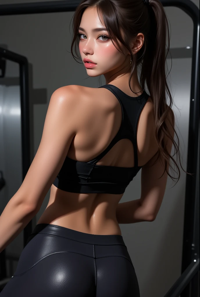 23 years old Korean girl, Ponytail Brown Hair, half body shot, Brace Band, Natural Face Lighting, Huge Ass, Tight Sportswear, Realistic photo effects, Late evening gym in the background, Elafreya,arshadart,DetailPace