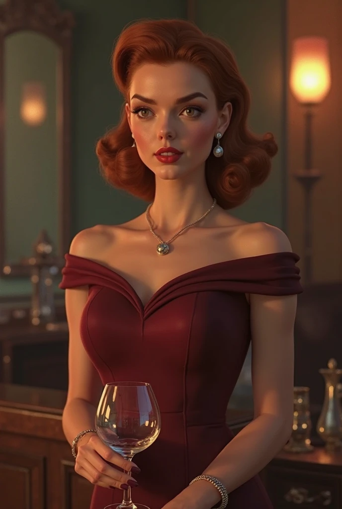 ((ultra realistic illustration:1.3)), Tall, slender ((redhead:1.2)) woman of Irish descent. (pale:1.3)complexion. blue eyes, cute butt, nice legs. Kind eyes, cute (smile). red lipstick, choker, black lace cocktail dress, fancy heels. Elegant evening wear. Classy ((Jazz club)). Masterpiece, (highly detailed:1.2),(detailed face and eyes:1.2), 8k wallpaper, cinematic lighting. core shadows, high contrast, bokeh.