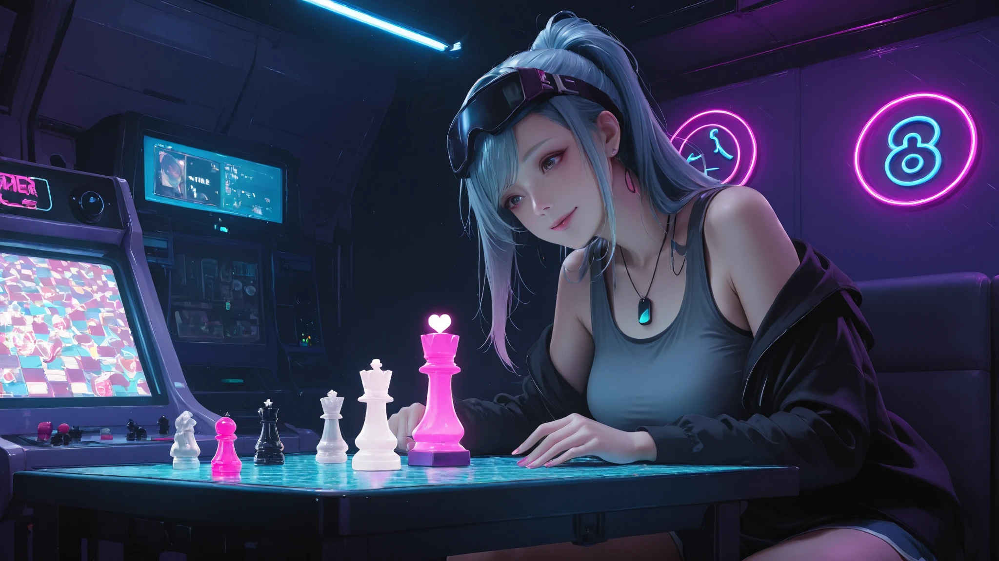 a naked girl with purple-pink-blue hair playing cubic space chess, chess cube, against a galaxy background, hyperrealistic, digital art, octane render, 8k, dramatic lighting, volumetric fog, cinematic composition, extremely detailed, photorealistic, masterpiece, intricate details, highly detailed, sharp focus, vivid colors, HDR, studio lighting, physically-based rendering, ultra-detailed, hyper-realistic, award-winning, elegant, exquisite, mesmerizing, captivating, breathtaking, awe-inspiring