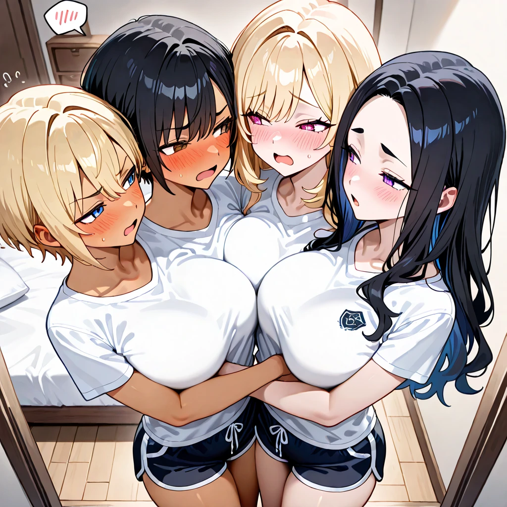 ((masterpiece, best quality, ultra quality, high quality, hyper detailed, intricate detailed, perfect anatomy, shiny skin)), ((upper body:1.2)), (three women are posing for a camera:1.4), (indoors, bed, pillow:1.2), (Lift up your camisole), (full nude:1.4), (smile, shy, red cheek, blush:1.2), (Open your mouth:1.6), (Stand in line) , brown hair, blond hair, navel, jewelry, looking at viewer, necklace, long hair, short hair, Abdominal muscles, straight hair, bob cut, blunt bangs, silky hair, hair clip, hair band, hair ribbon, one-length haircut, ducktail, outward curled hair, French twist hair, twintails, side ponytail, single braid, wavy hair,