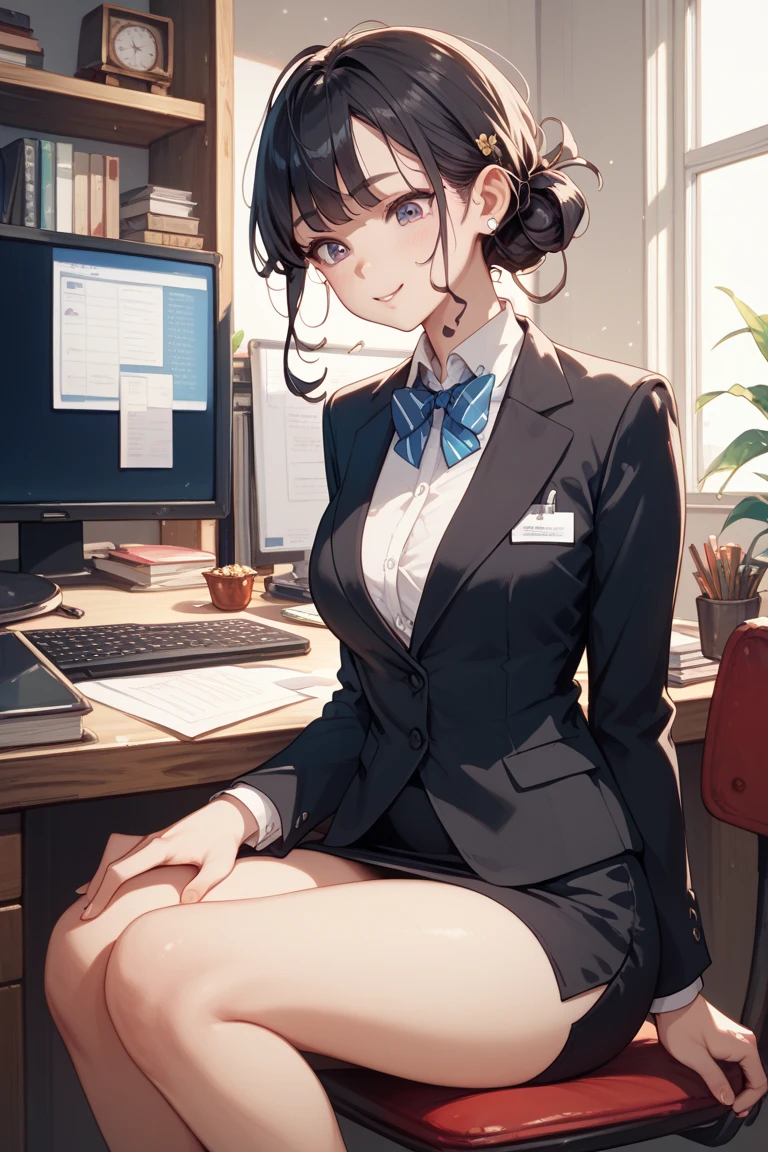 masterpiece、high resolution 8k、NSFW、sharp focus、contrast lighting、fine skin、muste piece、 highest quality、Ultra - High resolution、Super high resolution、Highly detailed CG、stock exchange、large office room、many large monitors、desk computer、trading、document、stock、chart screen、Horizontal focus male OL、woman is sitting on a chair、beautiful eyes、(Detailed face and iace:1 2)、narrow eyes、almond eye、Black pupil、eye gradation eye highlight:1.2)、(light reddish brown hair、middle、asymmetrical bangs)、(ID card、Blazer for office wear shortage、white cutter shirt、black pencil skirt、pumps)、(plump lips、gross、glossy lips、small breast size) 、(oval face : 1.4)、(thin fingers、fine arms、detailed human hand)、laughter half open、teeth visible