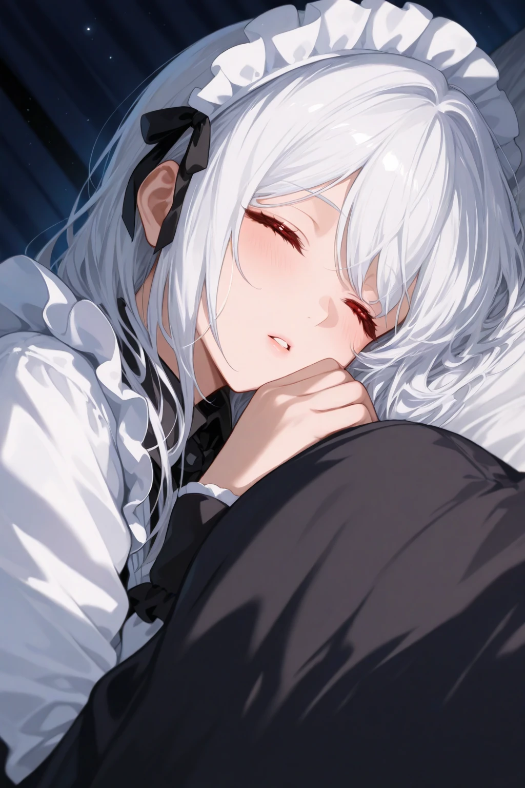 she is sleeping in bed. cute. eyes closed. night. Inside a dark room.