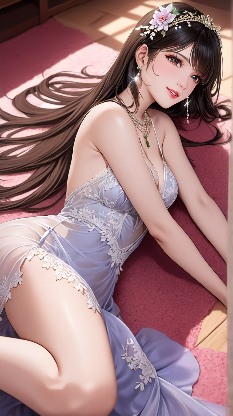 beautiful woman sitting in the center of the bed with semi-transparent pajamas, beautiful legs and hyper realistic detailed face 8K
