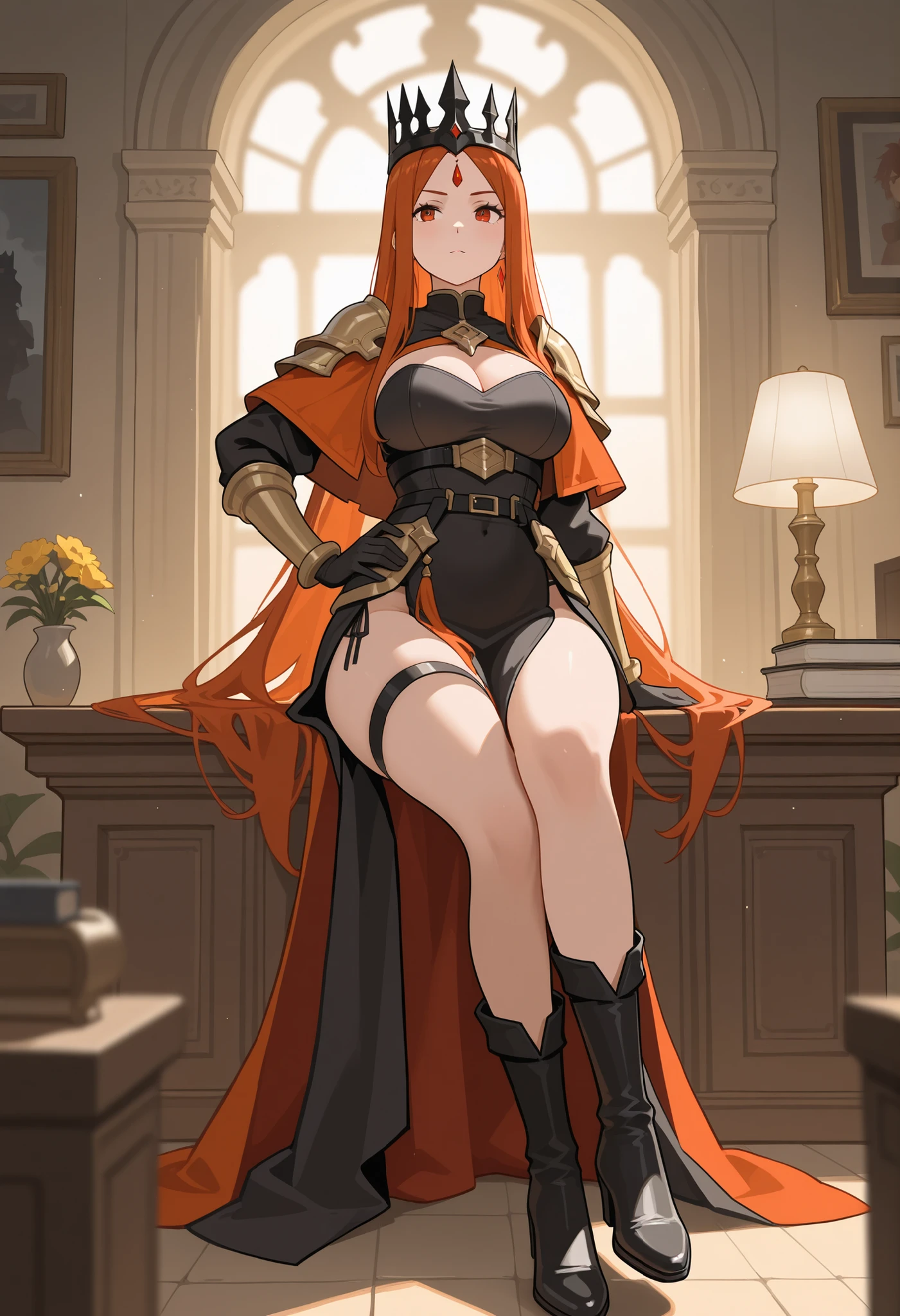 masterpiece, best quality, 1girl, long hair, big bust, very long red hair, yellow eyes, buns with braid , grey sexy uniform, crown, golden earrings, good anatomy, red gloves, boots, heels, evil, emotionless, intimidant, bloody, detailed eyes, throne, dark background, close up, ((detailed eyes)), beautiful eyes, straigh bang cut, close focus, profile picture