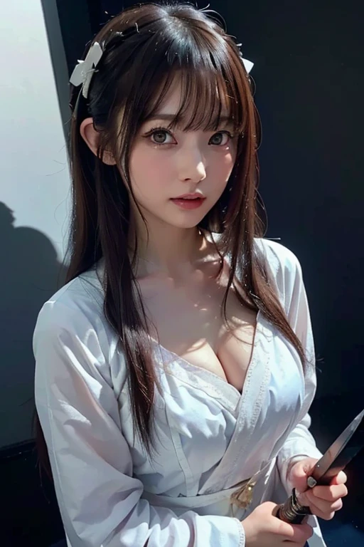Highest quality, masterpiece, look up, Upper Body, cute,((Female ghost)),(Sexy),(sexy),(Completely naked),(White robes),Baby Face,Black Hair,((Large breasts)),Beautiful Style,(Dark atmosphere)