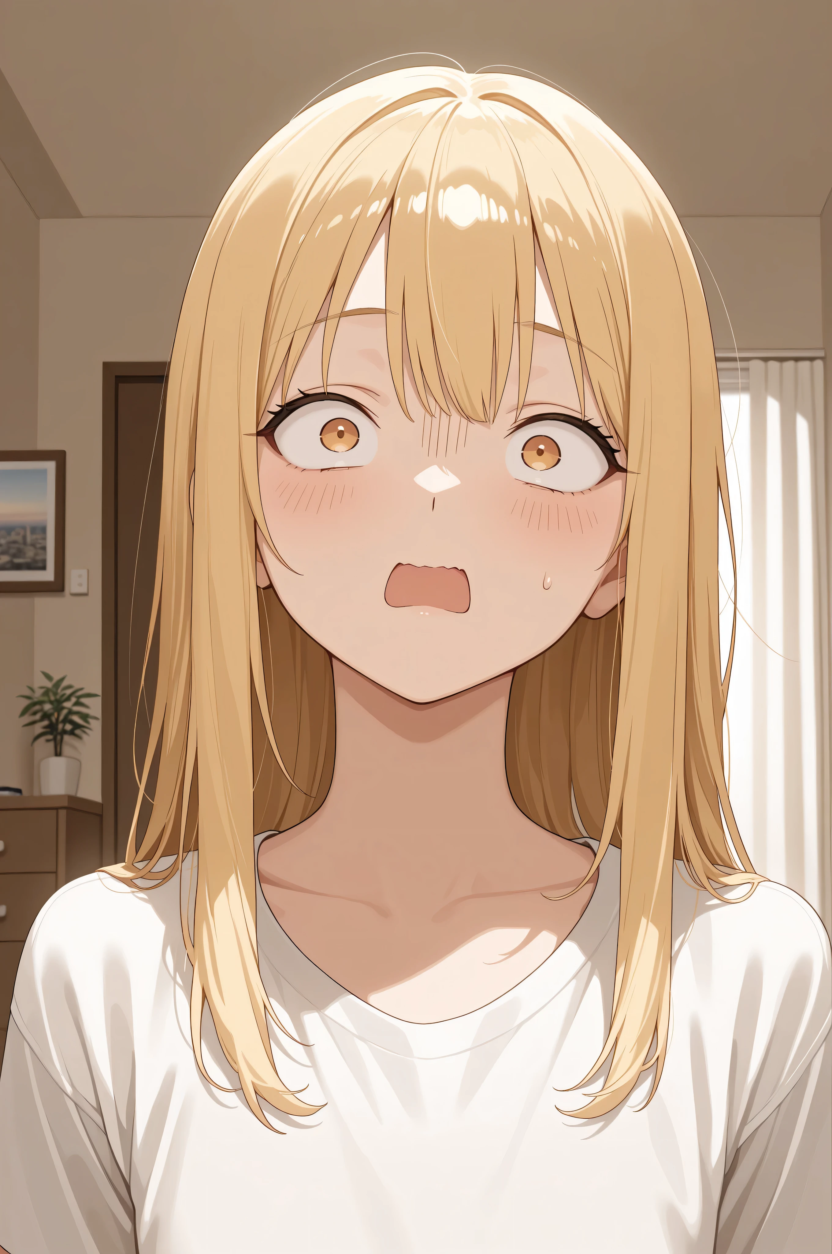 blond long flat hair, shocked face, white t-shirt, bedroom, portrait in image scale, view from box perspective pov