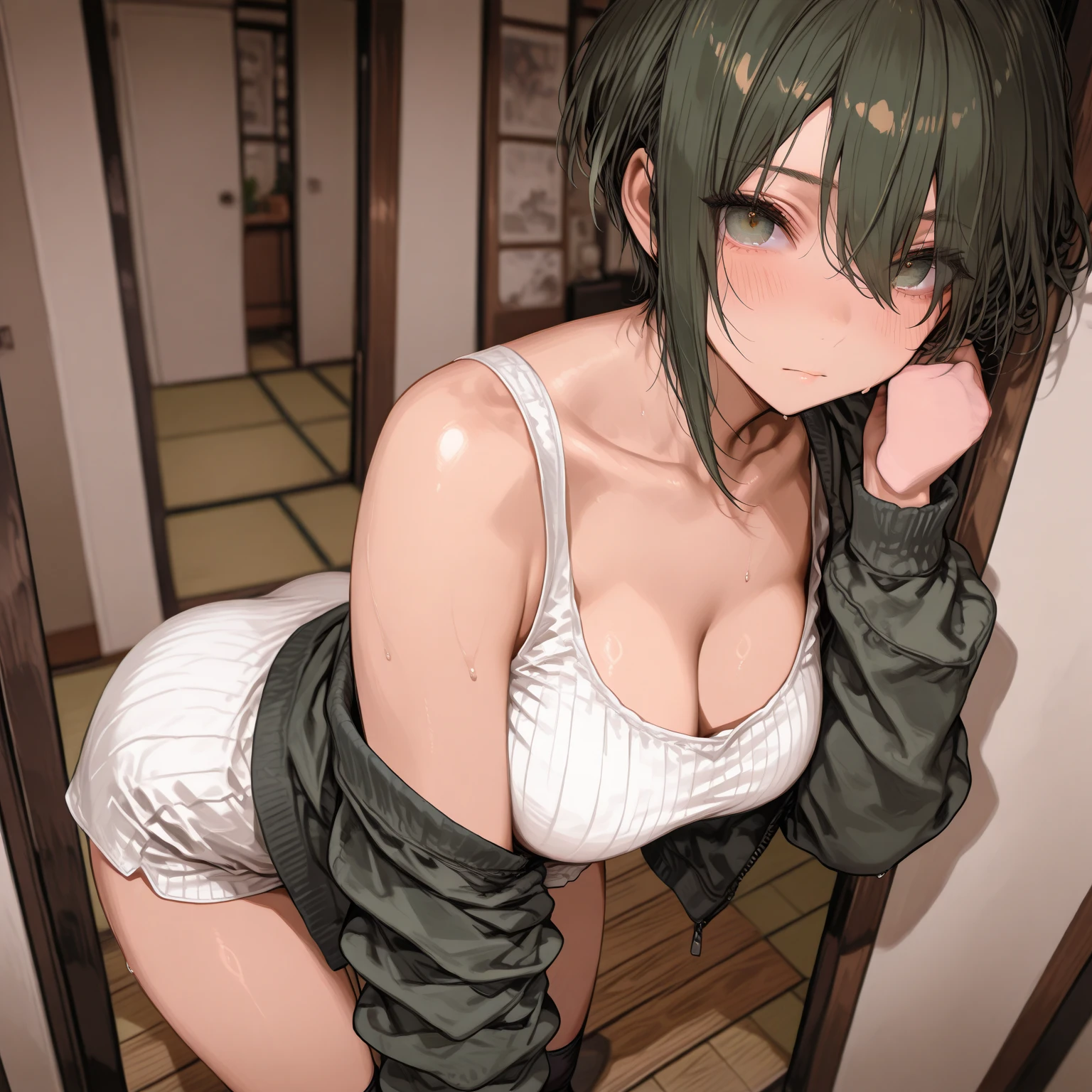 (from below:1.2), (perky chest:1.2), (pointed chest:1.2), 1girl, Bust A Cup, Amazing Cleavage:1.1, thin waist, big ass, Raised sexy, small breast: 1.1 posed cleavage:1.2、solo, looking at viewer, have a cute glass of cute beergrass,black hair, dark green eyes, dress, bare shoulders, jewelry, collarbone, sidelocks, hairband, earrings, indoors, off shoulder, arms behind back, plants, short hair with long locks, gild hairband, off-shoulder dress, sweater dress, off-shoulder sweater, red sweater, dark gord hair, big side hair, very long side hair,is rendered in (masterpiece: 1.2, best quality), with (ultra high resolution) and an exquisite (depth of field). This masterpiece is not only visually stunning but also tells,A scene of cooking in the kitchen