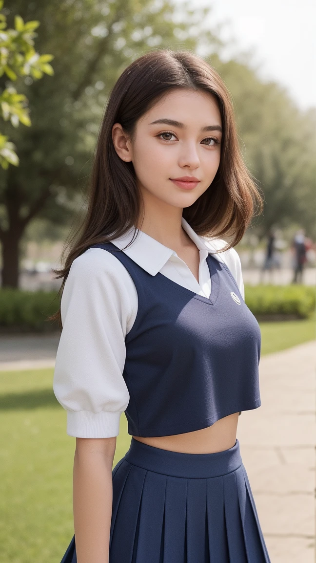1girl, (uniform), outdoors, detailed face, detailed eyes, huge breasts, shiny skin, looking at the audience, (smiling cute: 1.2), (happy), (8k, RAW photo, best quality, masterpiece: 1.2), (realistic, realistic: 1.37), ultra-high resolution, intricate detail, highly detailed