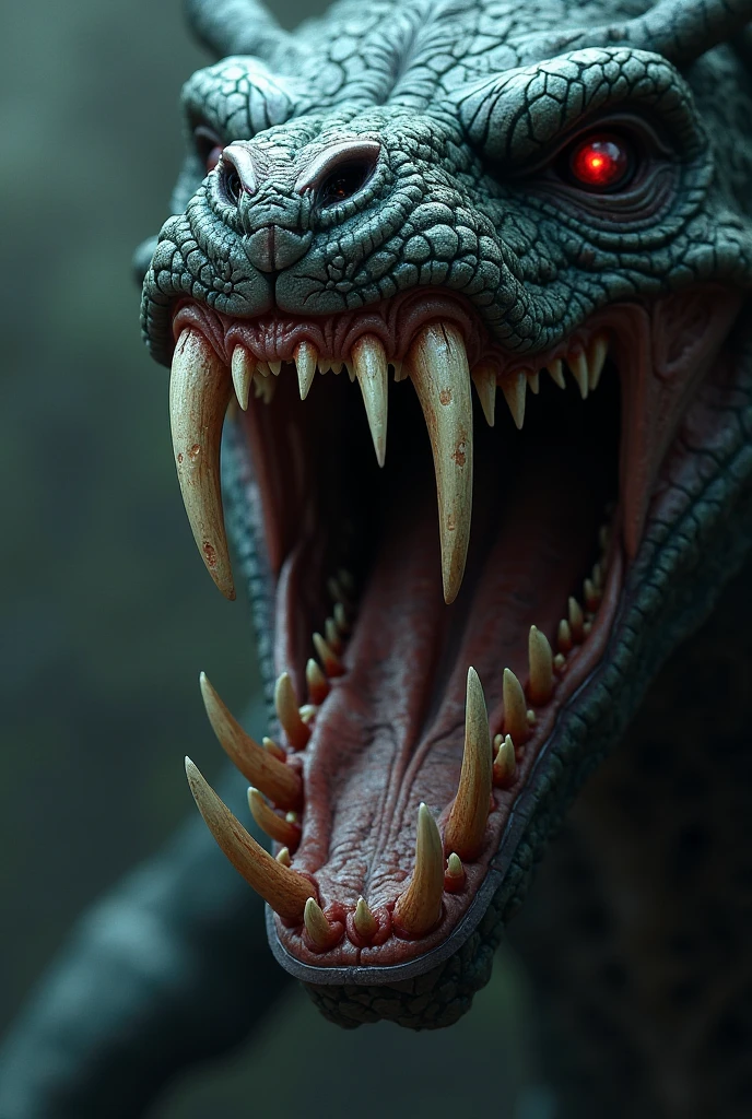 the mouth of a snake, seen from a profile angle, with its mouth open, with several teeth in its jaw, saliva between the teeth, high detail and realism, unreal engine 5.8k --ar4:5 -- v5 --q 2 --s 1000
