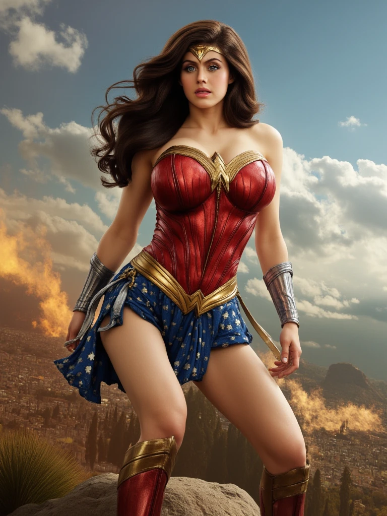 Carla Gugino as Wonder Woman character, cinematic quality, realistic lighting, dynamic pose, fierce expression, armor and weaponry in detail, high definition textures and colors, epic scene with fire and smoke, slow-motion effect)