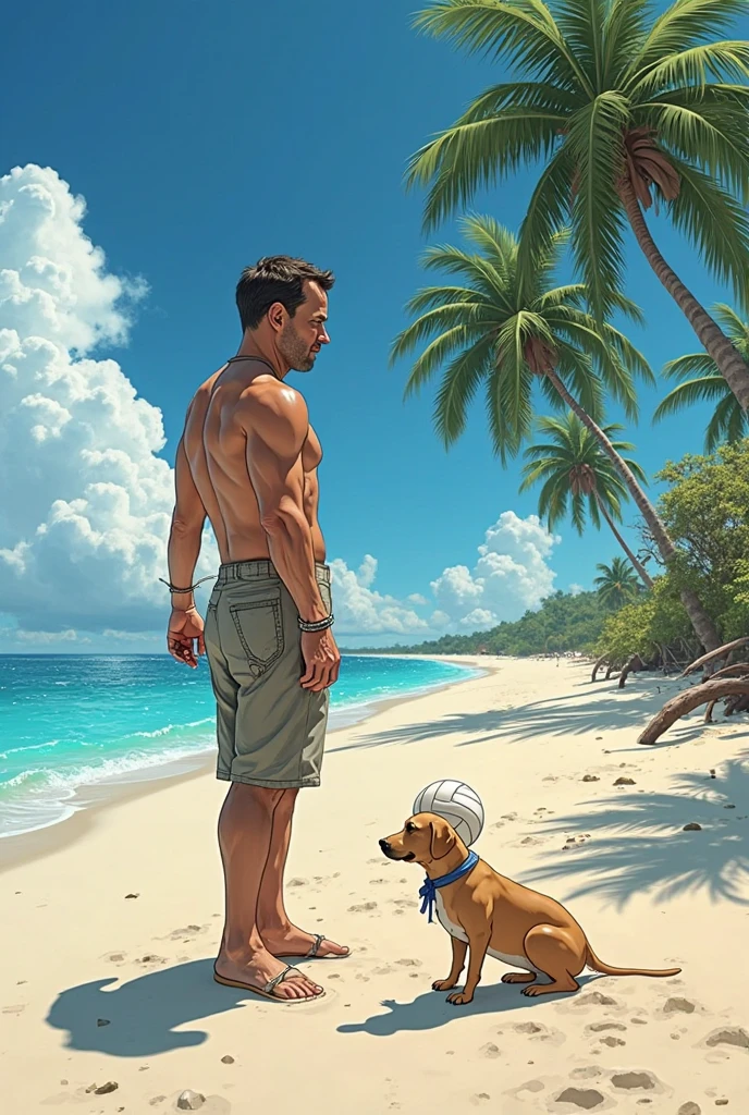 Perro furry gordimamado sudado en boxer abierto de piernas mostrando las patas en una playa