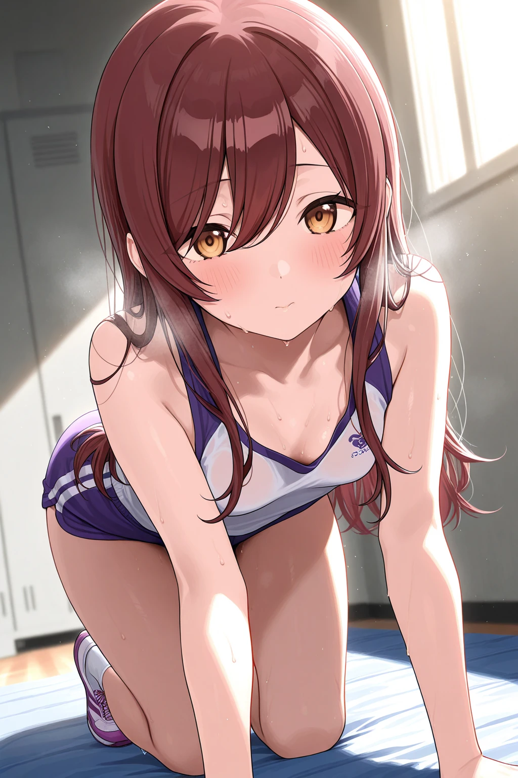 masterpiece, girl, solo, (magenta hair), (brown eyes), ahoge, blush, collarbone, standing, (leotard), ((athletic leotard)), long sleeve, (high-leg), small breasts, ((indoor)), lighting, looking at viewer, best quality