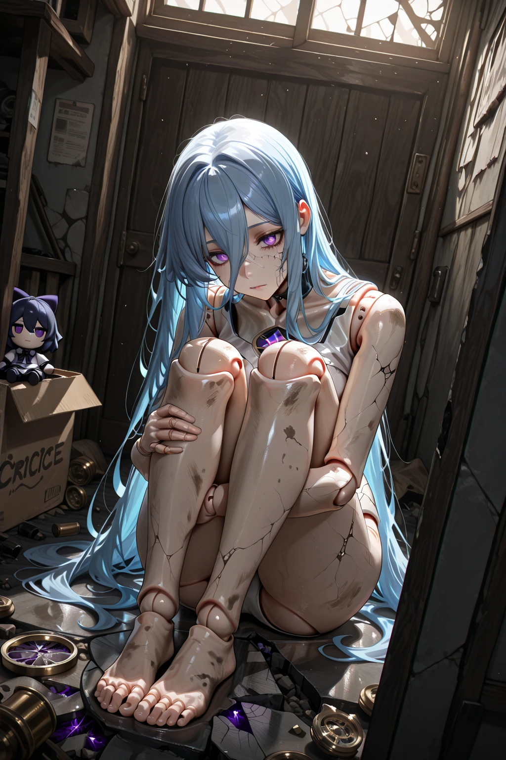 messy black long hair girl
eyes are hidden
Her clothes are like rags, and her hands and feet are shackled.
she's in jail again
the girl is crying
The girl is very thin.
high quality images
