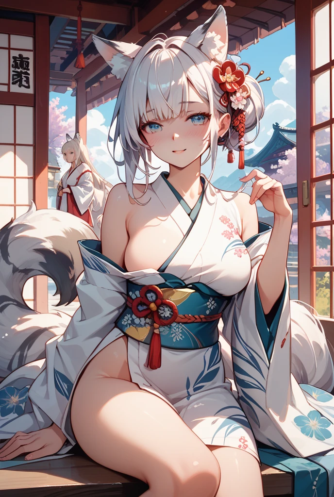 1girl, yellow eyes, long hair, white hair, sitting, red kimono, large breasts, topless, light smile, arms behind back, nature, hair ornament, animal ears,, water,