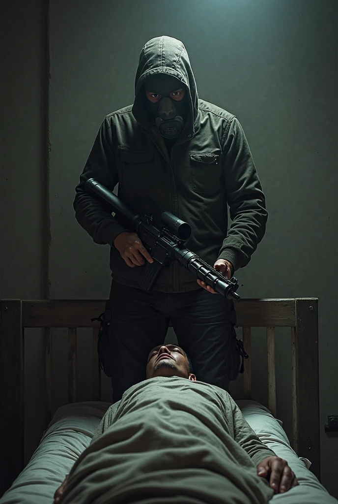 korean girl, (behind stiff, black balaclava mask), holding knife, stabbing, black leather gloves, bath room, black raincoat, girl only, holding knife, leather gloves, woman on top, behind cadaver, looking at viewer, blood splatter, night, mass murderer, killer, blood splatter, tripod and camera in the back, shooting with camera
